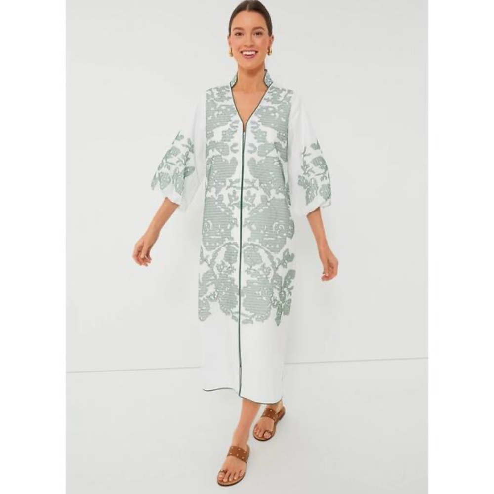 White & Green Embroidery Arem Caftan